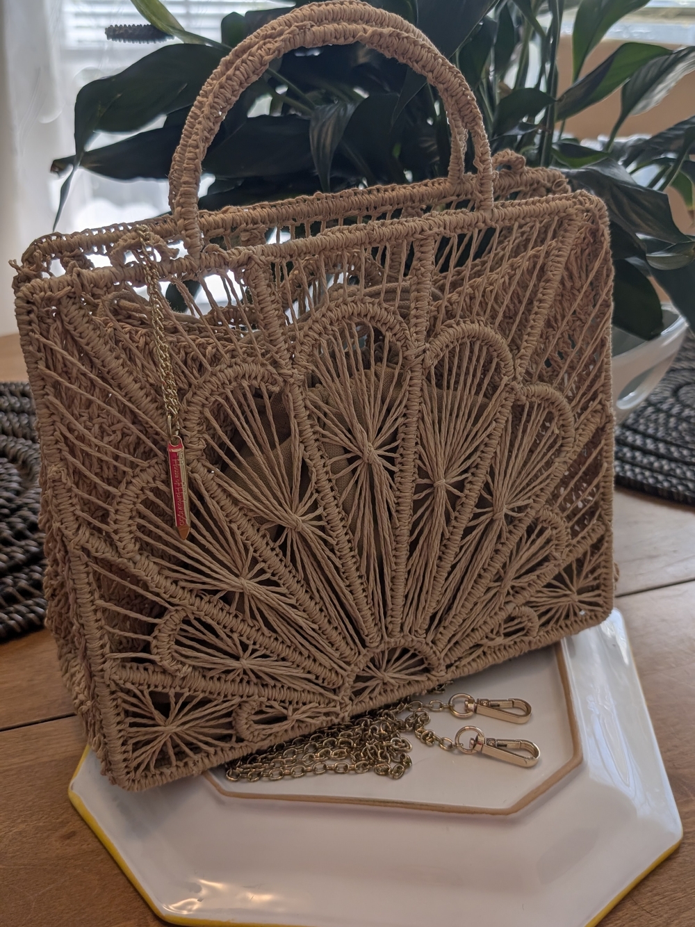House of Harlow 1960 Raffia Macramรฉ Tote Bag Boho Woven Shoulder Bag